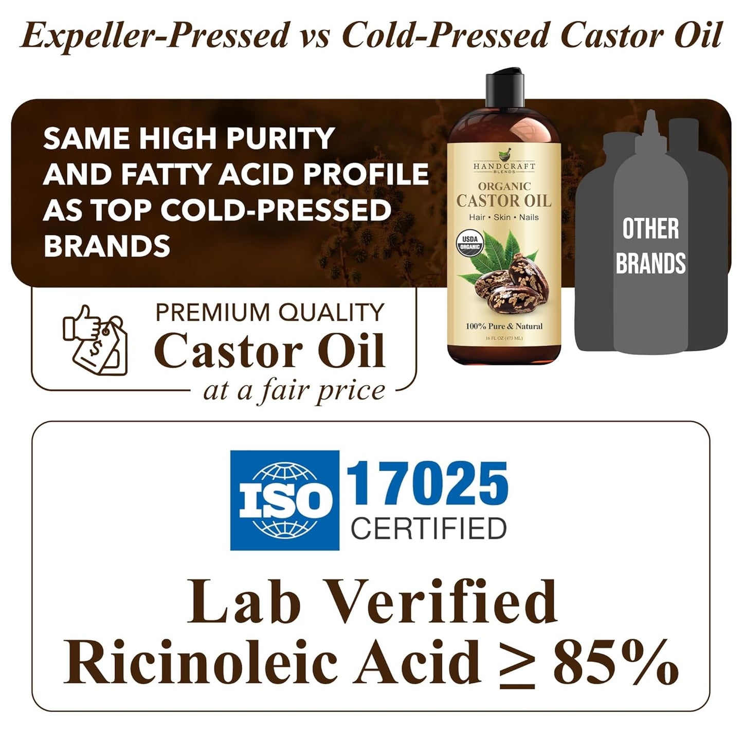 Organic Castor Oil - 16 Fl Oz - 100% Pure and Natural - Premium Grade Oil for Hair Growth, Eyelashes and Eyebrows - Carrier Oil - Hair & Body Oil - Expeller-Pressed
