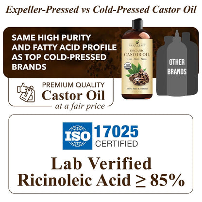 Organic Castor Oil - 16 Fl Oz - 100% Pure and Natural - Premium Grade Oil for Hair Growth, Eyelashes and Eyebrows - Carrier Oil - Hair & Body Oil - Expeller-Pressed