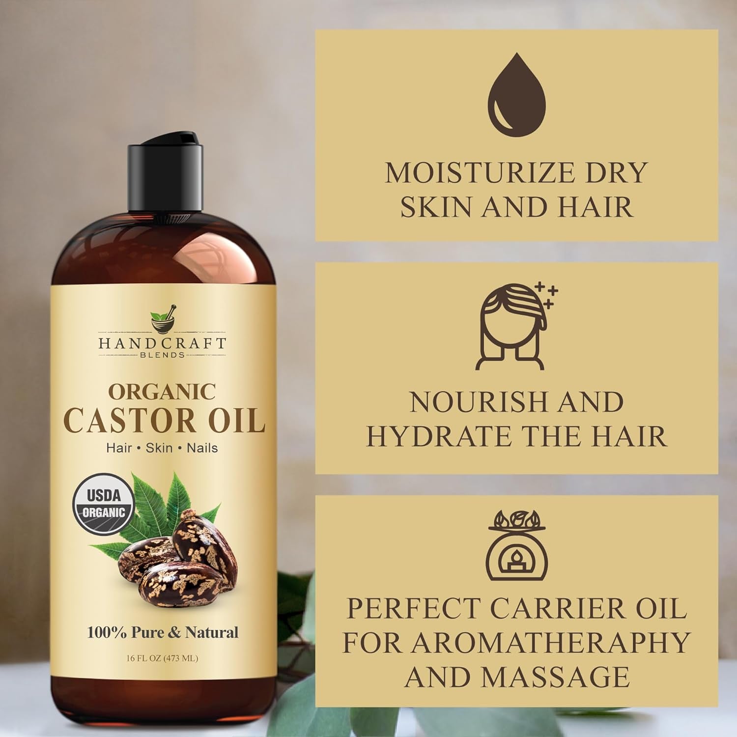 Organic Castor Oil - 16 Fl Oz - 100% Pure and Natural - Premium Grade Oil for Hair Growth, Eyelashes and Eyebrows - Carrier Oil - Hair & Body Oil - Expeller-Pressed