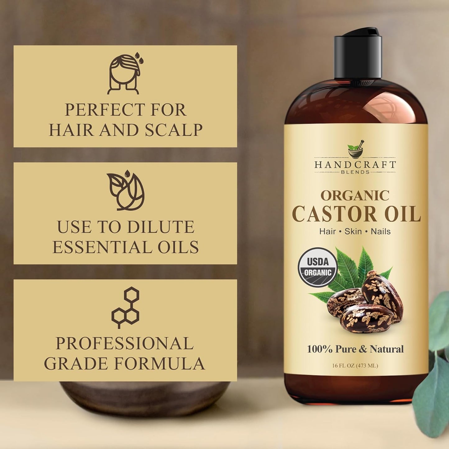 Organic Castor Oil - 16 Fl Oz - 100% Pure and Natural - Premium Grade Oil for Hair Growth, Eyelashes and Eyebrows - Carrier Oil - Hair & Body Oil - Expeller-Pressed