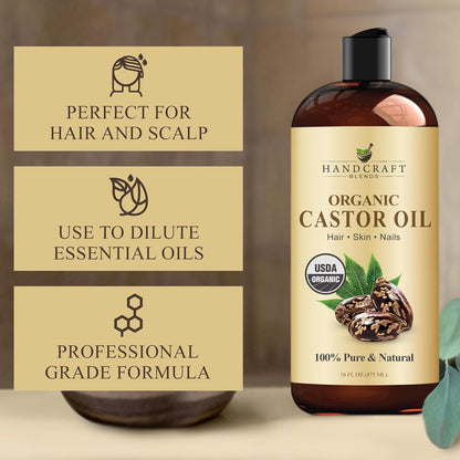 Organic Castor Oil - 16 Fl Oz - 100% Pure and Natural - Premium Grade Oil for Hair Growth, Eyelashes and Eyebrows - Carrier Oil - Hair & Body Oil - Expeller-Pressed