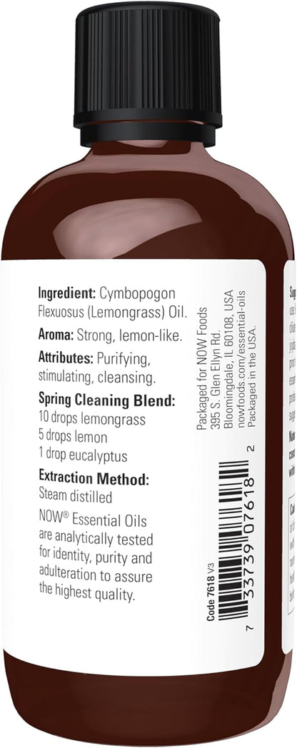 NOW Essential Oils, Lemongrass Oil, Uplifting Aromatherapy Scent, Steam Distilled, 100% Pure, Vegan, Child Resistant Cap, 4-Ounce