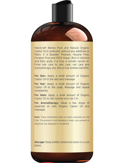 Organic Castor Oil - 16 Fl Oz - 100% Pure and Natural - Premium Grade Oil for Hair Growth, Eyelashes and Eyebrows - Carrier Oil - Hair & Body Oil - Expeller-Pressed